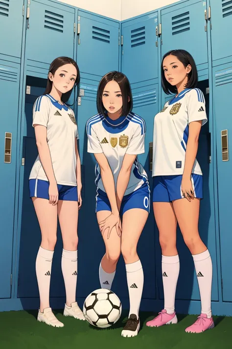 group of girls, in locker room, soccer uniform, fullbody shot, undressing, pulling shorts pulled down around knees, scared faces