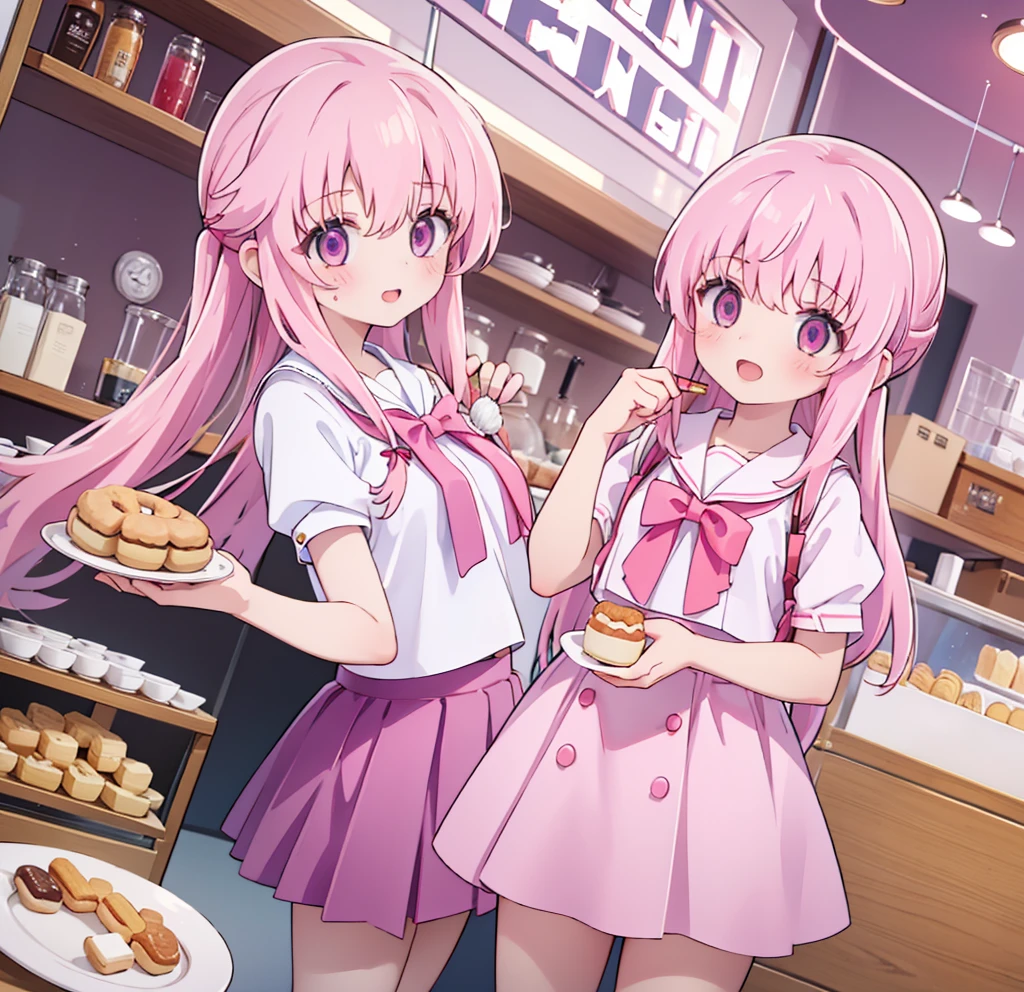 1girl,pink hair, pink eyes with love, detailed eyes, straight hair, straight bangs, shiny hair,
,red bowtie,purple skirt,purple shirt,pleated skirt,short sleeves,looking at the plate with donut, showing mini donut shop, holding a plate wih donut, smile, laughter , open mouth, donut shop background, high-definition,masterpiece, masterpiece, best quality, high resolution, aabeta, double, standing, slim waist, cute, sailor uniform (PastelColors: 1.3)