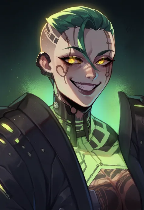 anime mobster, insane smile, lunatic, green buzzcut hair, glowing yellow eyes, multiple tattoos, cyborg girl, punk clothes