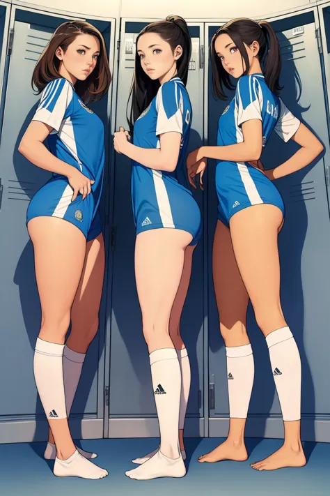 group of girls, in locker room, soccer uniform, fullbody shot, undressing, backs to viewer