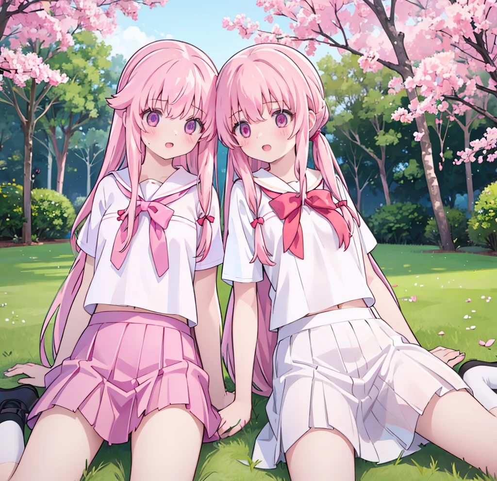 1girl,pink hair, pink eyes with love, detailed eyes, straight hair, straight bangs, shiny hair,
,red bowtie,purple skirt,purple shirt,pleated skirt,short sleeves,looking at the bottom, laughter , open mouth, forest pink sakura trees and green grass, in the middle of the forest sakura trees, laying down in the grass, cats everywhere high-definition,masterpiece, masterpiece, best quality, high resolution, aabeta, double, slim waist, cute, sailor uniform (PastelColors: 1.3)