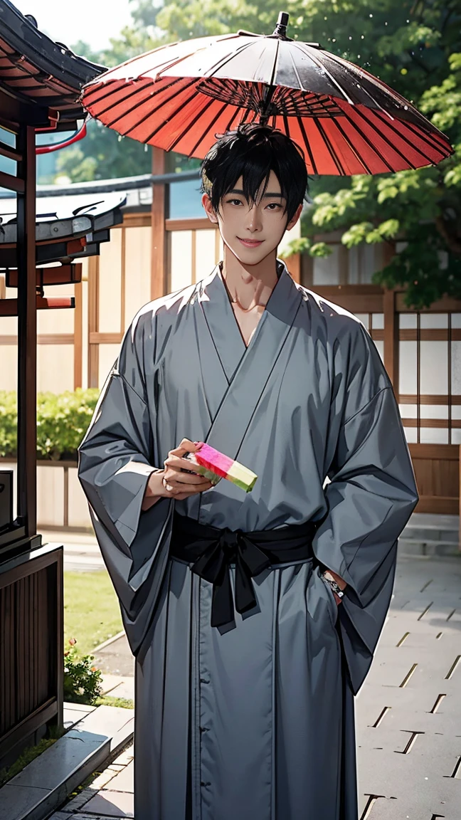 Japanese men、Black Hair、Short Hair、handsome man、30 years old、Handsome、Height: 180 cm、Wearing a gray yukata、Holding an ice lolly in his hand。Smiling and laughing、Two on the cheek、There are three drops of sweat、