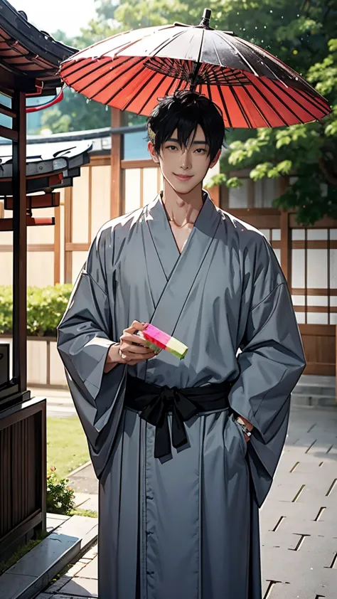 japanese men、black hair、short hair、handsome man、30 years old、handsome、height: 180 cm、wearing a gray yukata、holding an ice lolly ...