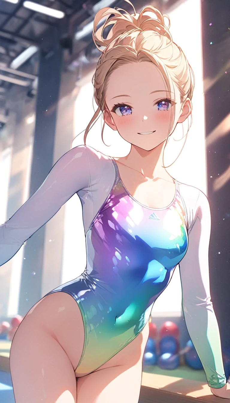 highquality illustration, masterpiece, very delicate and beautiful, attractive girl,(gymnastics leotard,long sleeve leotard with glittery decoration,high_leg leotard,athletic leotard,tight-fit leotard,iridescent gradient leotard,long-sleeve leotard),thin,slender body,slim,high school,gymnasium background,gymnastics club,gymnastics athlete,princess, beautiful eyes,light smile,(masterpiece, best quality:1.2), highres, extremely detailed CG unity 8k wallpaper, perfect lighting, Colourful, ultra-high res,4K,ultra-detailed, photography, 8K, HDR, 17 ages,cowboy shot,