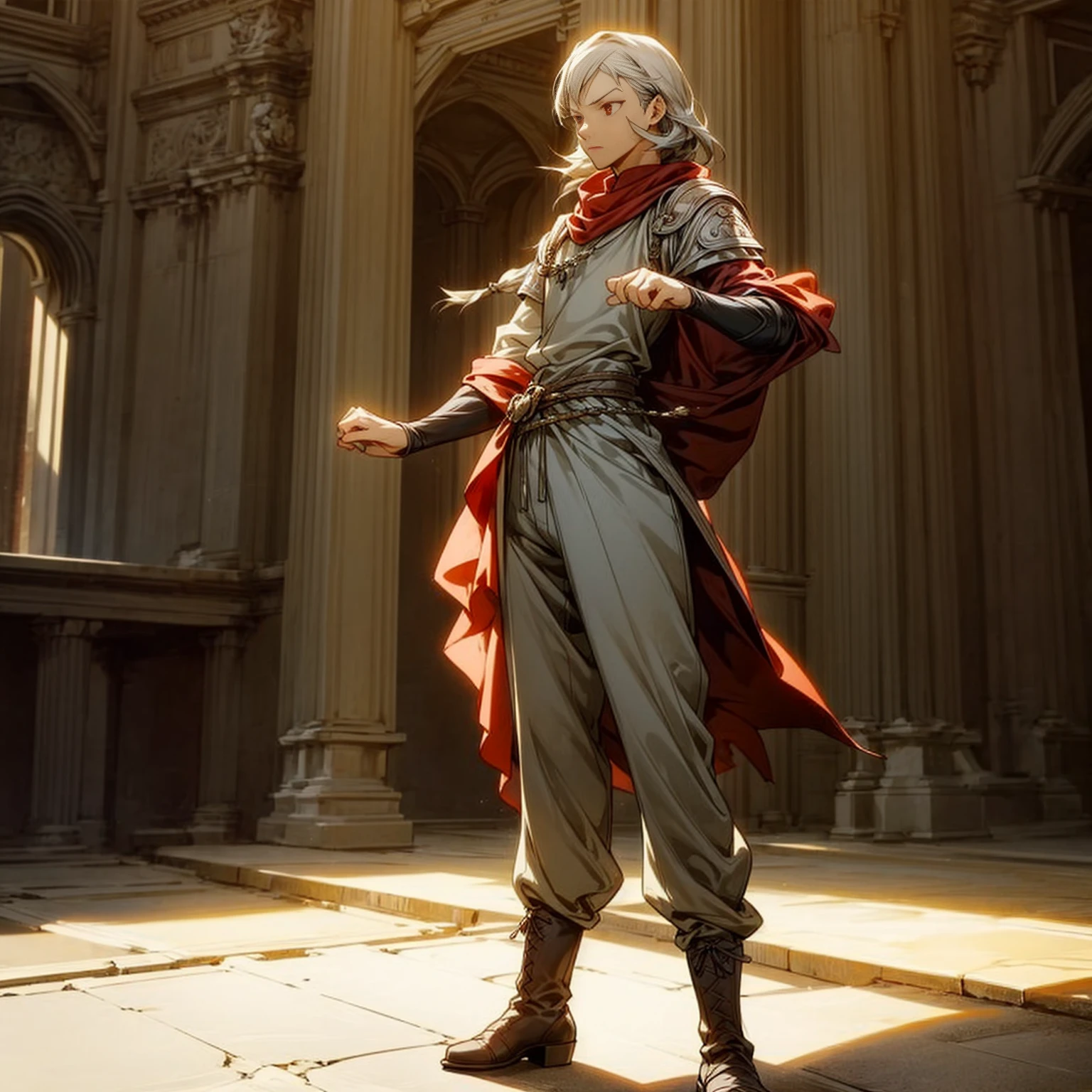 1boy, Full body version, 1character, red eyes, long haircut, silver colour hair, Ancient Roman clothing, Grassroots, background indoor Castleford, motion blur, lighting, (one piece art), standing gesture, boots, long pants, armors 