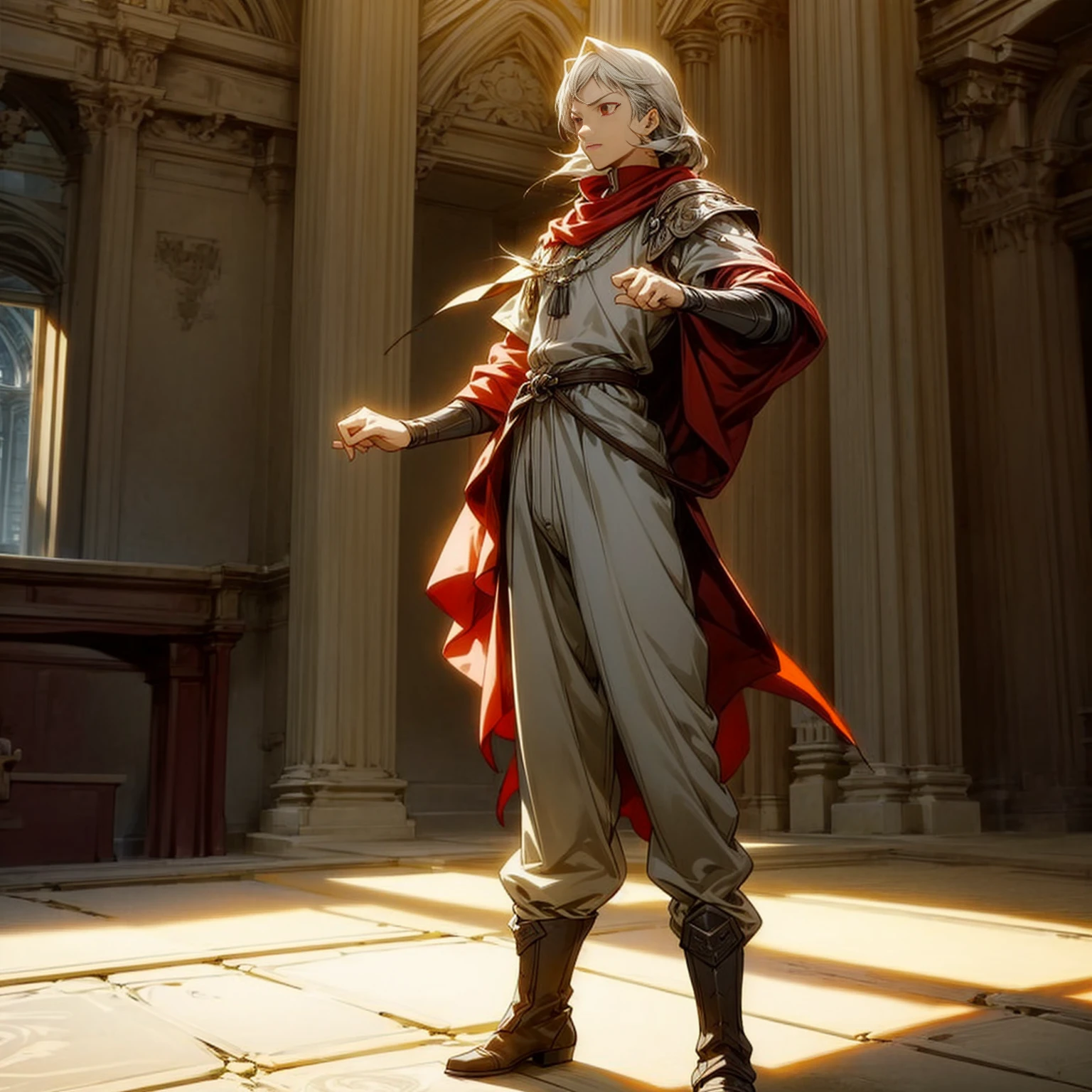 1boy, Full body version, 1character, red eyes, long haircut, silver colour hair, Ancient Roman clothing, Grassroots, background indoor Castleford, motion blur, lighting, (one piece art), standing gesture, boots, long pants, armors 