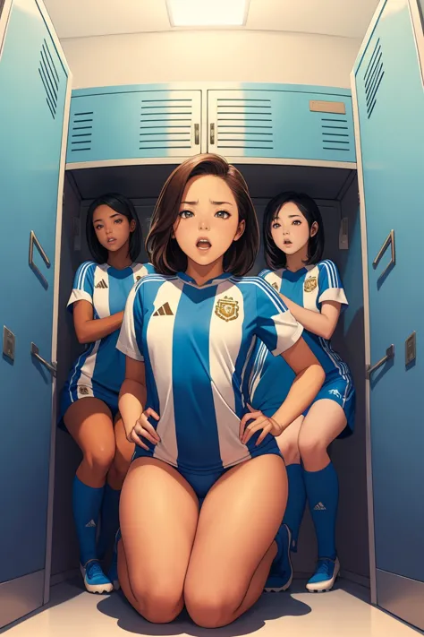 Group of girls, in locker room, Soccer uniform, fullbody shot, undressing, on their knees, hands on floor, mouths open, tongues ...