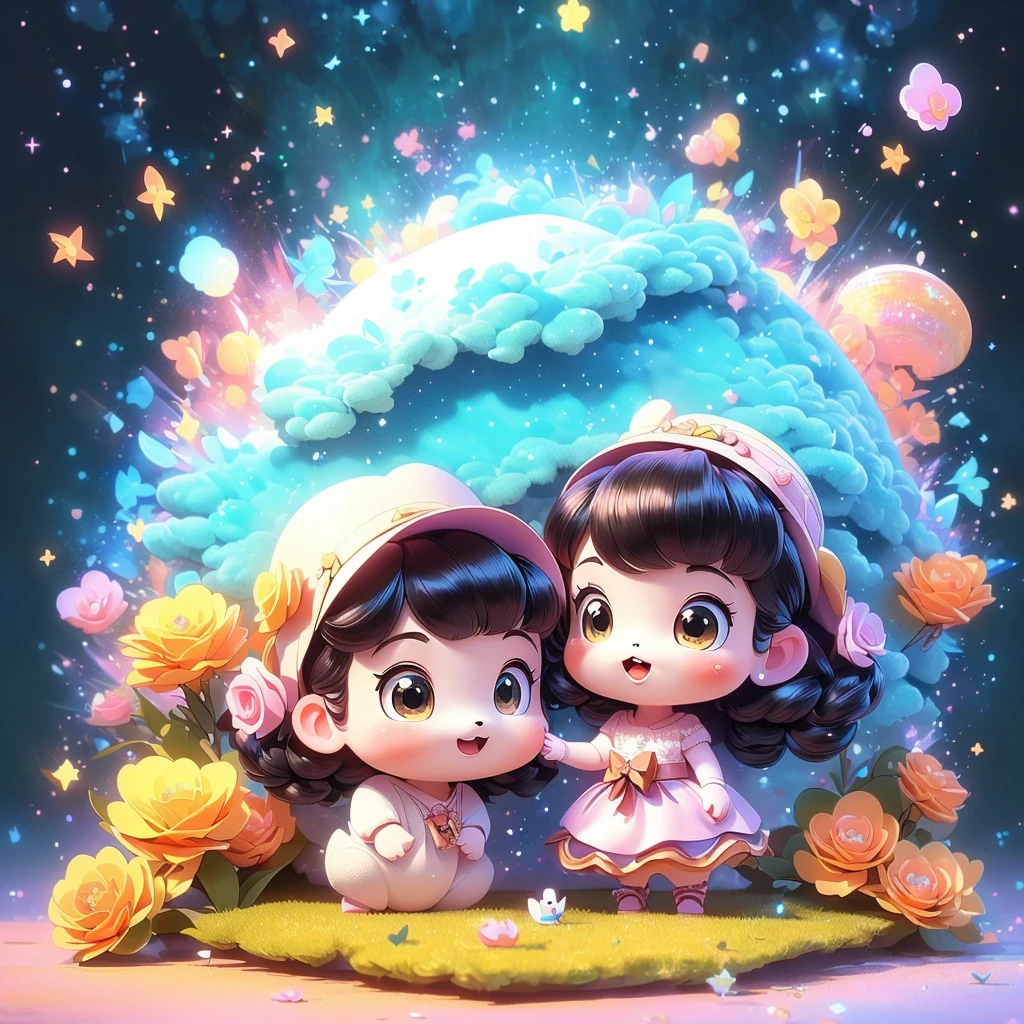 (best quality,4K,8k,highres,​masterpiece:1.2),ultradetailed,(realisti,photorealisti,photo-realisti:1.37), 2 black shih tzu puppies Sanrio-Illustrationsstil, a fantastic magical world, The background of the starry sky,