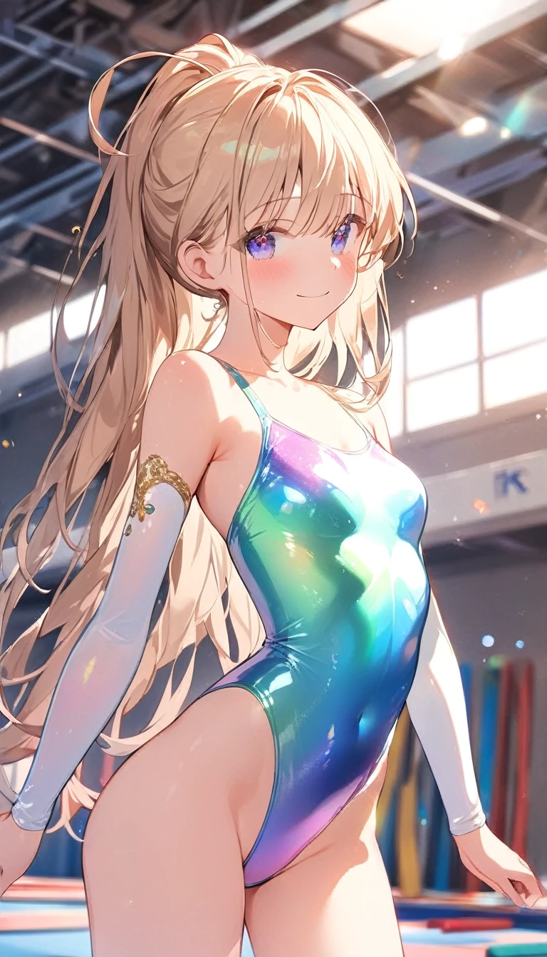 highquality illustration, masterpiece, very delicate and beautiful, attractive girl,(gymnastics leotard,long sleeve leotard with glittery decoration,high_leg leotard,athletic leotard,tight-fit leotard,iridescent gradient leotard,long-sleeve leotard),thin,slender body,slim,high school,gymnasium background,gymnastics club,gymnastics athlete,princess, beautiful eyes,light smile,(masterpiece, best quality:1.2), highres, extremely detailed CG unity 8k wallpaper, perfect lighting, Colourful, ultra-high res,4K,ultra-detailed, photography, 8K, HDR, s,cowboy shot,