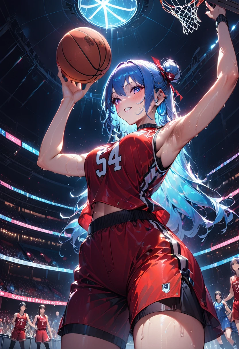 Young and beautiful woman,(Highest quality,Extremely detailed depiction,Incredible high resolution,Anatomically accurate depiction,software),(Glowing Skin,Glowing Skin,Sweat),basketballの選手,basketballのユニフォーム,basketball,Awesome dunk shot,Winning goal,background:basketballの試合中,From directly below:1.3