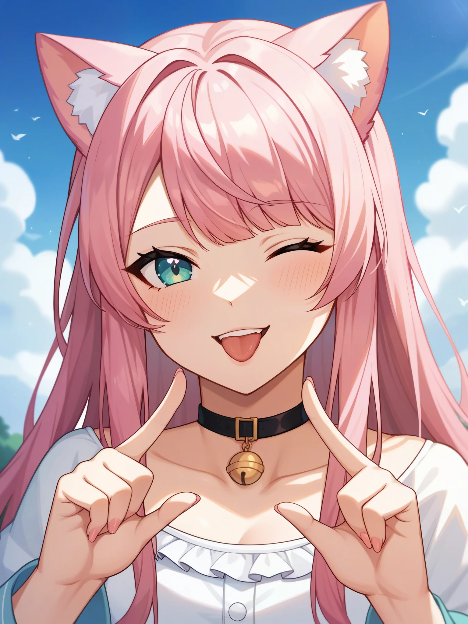 Adult, Female, long pink hair, winking, smiling, tongue out, vtuber, otaku bedroom, Masterpiece, Accurate, Anatomically Correct, Best Quality, High Details, Detail, Super Detailed, Best detail, Perfect detail, Amazing detail, [-3, 3], perfect hands, best hands, best fingers, perfect fingers, perfect body, best body, amazing body, Looking at viewer, front facing, upper body shot, Cat Ears, Close-Up,