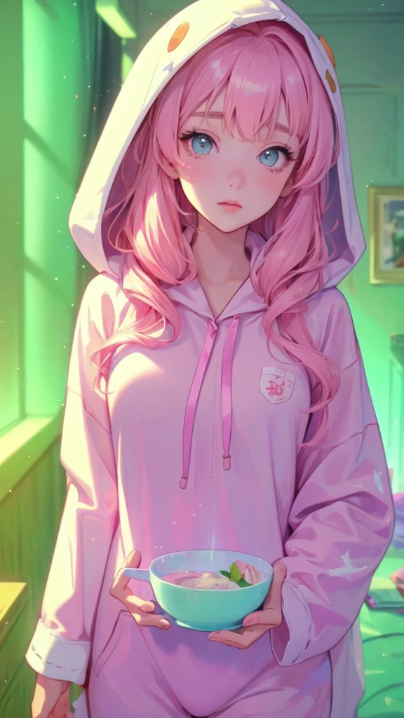 adult  woman, Age 22; long hair, pretty and pink, curly hair; light yellow eyes, angelic and beautiful face with flushed cheeks, rosto ultra detaild; (( wearing cute hooded kigurumi pajamas )); best qualityer, ultra detaild, best resolution, 4K, soft strokes, role model, work of art, closes; dimly lit room in the background