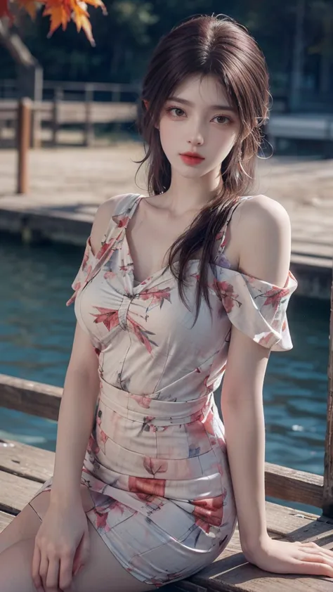 print dress, off shoulder,  fashi-girl. red lips, mature female, makeup, ((Random shooting angles)), (best quality, masterpiece:...