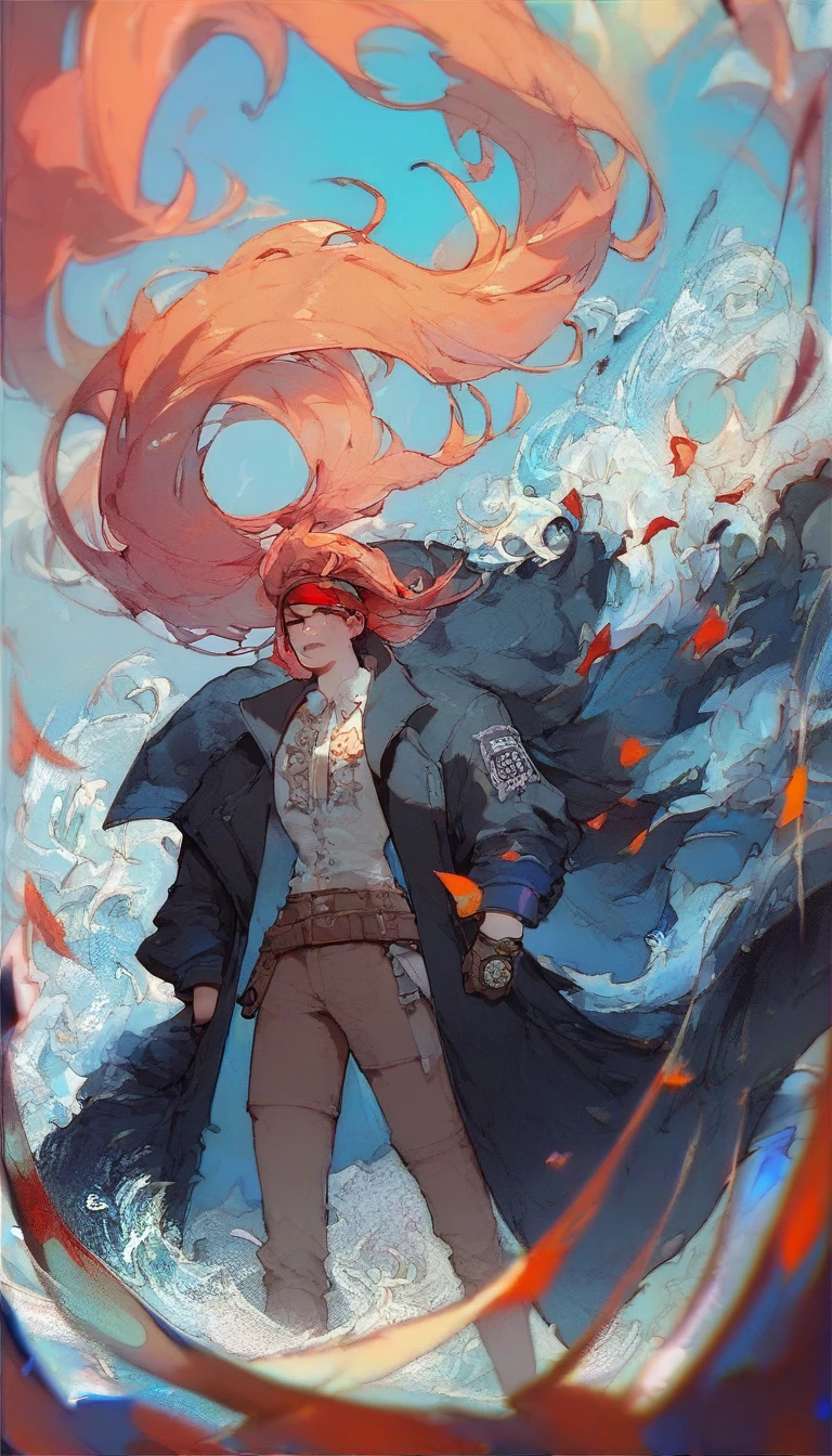 Visualize a (((rebel leader))), clad in a (((black overcoat))), accessorized with a (((red headband))), luxuriously flowing blond hair that defiantly waves in the wind, standing in an imposing manner, embodying a surreal fantasy scene that transcends the mundane, drawn with the intricate details and exquisite beauty indicative of a master Manga artist, with vibrant hues of Enchant contrasting against a dynamic lighting scheme that imbues the composition with a vivdly alive energy