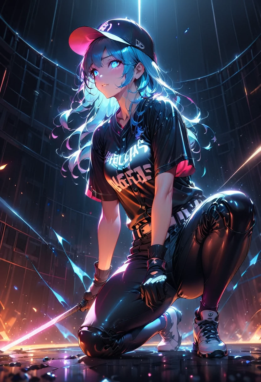 Young and beautiful woman,(Highest quality,Extremely detailed depiction,Incredible high resolution,Anatomically accurate depiction,software),(Glowing Skin,Glowing Skin),baseball player,Baseball uniforms,baseball pants,Baseball cap,gloves,悔しさからOn the mound泣く投手,A regretful face,Kneeling position,background:Baseball field during a game,Walk-off loss,On the mound