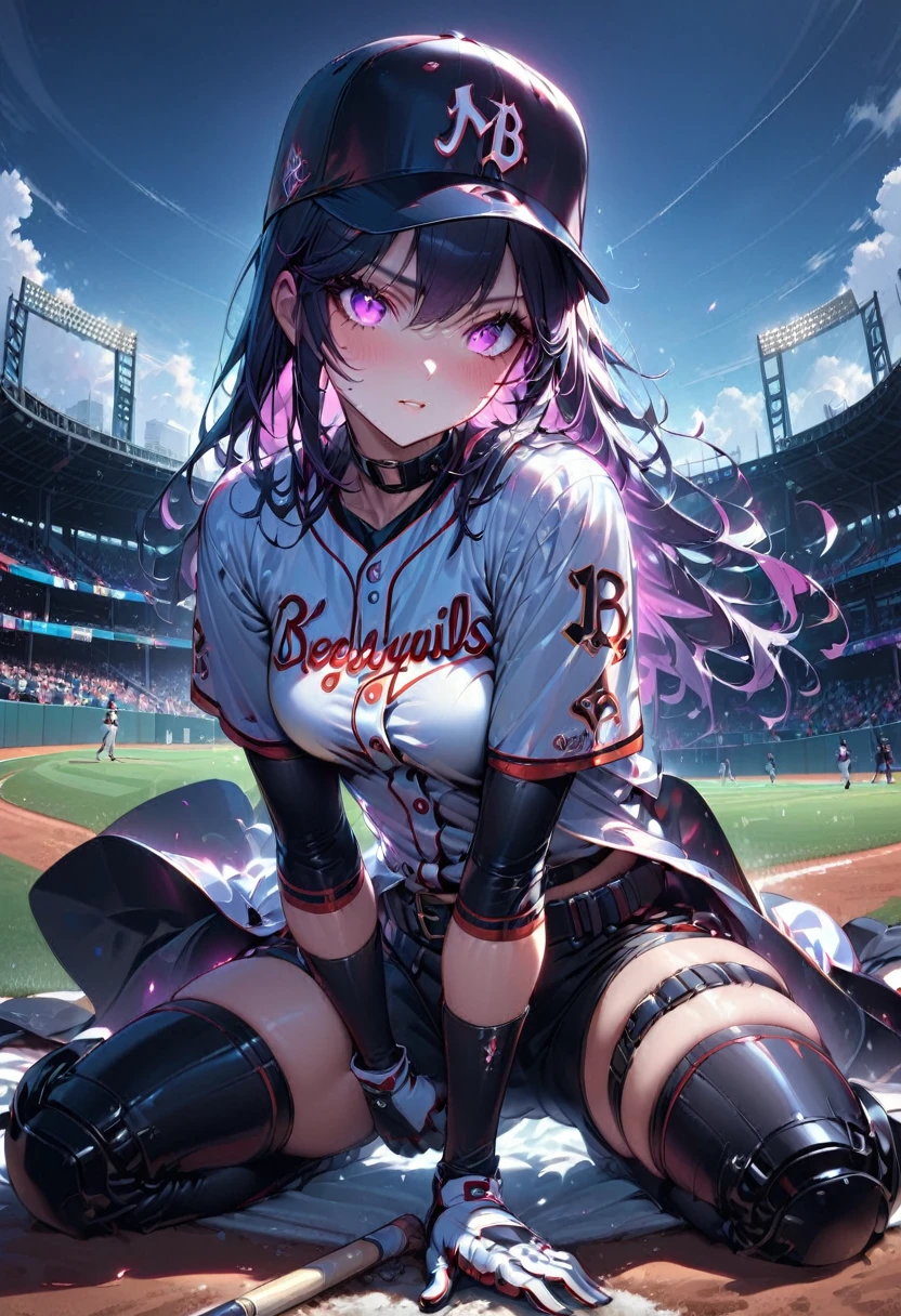 Young and beautiful woman,(Highest quality,Extremely detailed depiction,Incredible high resolution,Anatomically accurate depiction,software),(Glowing Skin,Glowing Skin),baseball player,Baseball uniforms,baseball pants,Baseball cap,gloves,悔しさからOn the mound泣く投手,A regretful face,Kneeling position,background:Baseball field during a game,Walk-off loss,On the mound