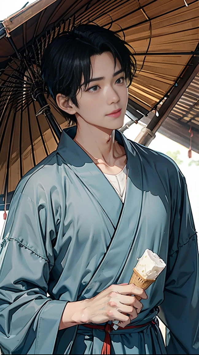 Japanese men、Black Hair、Short Hair、handsome man、30 years old、Handsome、Height: 180 cm、Wearing a gray yukata、Holding an ice lolly in his hand。Smiling and laughing、Two on the cheek、There are three drops of sweat、Eyes on the ice、Mouth open to eat ice cream、Extinguish the umbrella、Draw the eyes delicately、