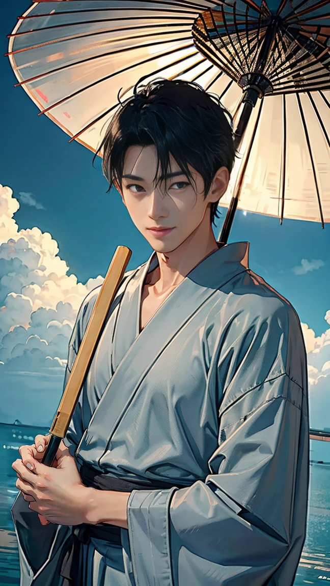 Japanese men、Black Hair、Short Hair、handsome man、30 years old、Handsome、Height: 180 cm、Wearing a gray yukata、Holding an ice lolly in his hand。Smiling and laughing、Two on the cheek、There are three drops of sweat、Eyes on the ice、Mouth open to eat ice cream、Extinguish the umbrella、Draw the eyes delicately、Hold the handle of the umbrella with your hands、