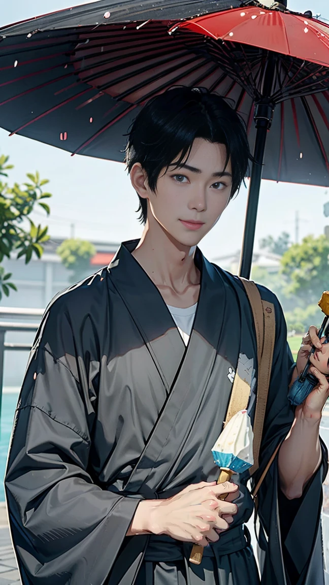 Japanese men、Black Hair、Short Hair、handsome man、30 years old、Handsome、Height: 180 cm、Wearing a gray yukata、Holding an ice lolly in his hand。Smiling and laughing、Two on the cheek、There are three drops of sweat、Eyes on the ice、Mouth open to eat ice cream、Extinguish the umbrella、Draw the eyes delicately、Hold the handle of the umbrella with your hands、