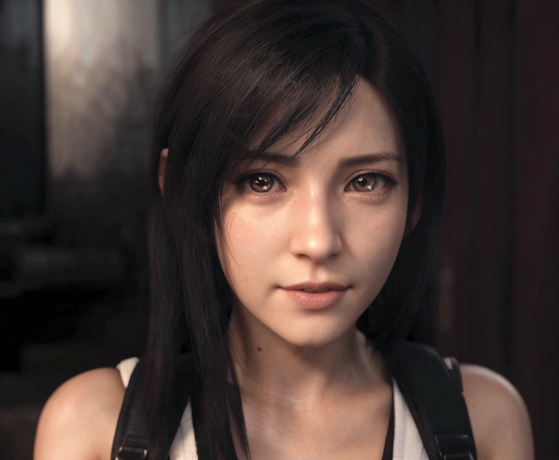 eine Nahaufnahme einer Frau mit einem Rucksack, die in die Kamera schaut, tifa lockhart portrait, Porträt von Tifa Lockhart, verführerisches Tifa Lockhart Porträt, tifa lockhart, tifa, tifa lockheart, 8k-Porträt-Rendering, Tifa Lockhart mit weißen Haaren, glamouröse Tifa Lockheart, fotorealistisches Anime-Mädchen-Rendering, 3D-Anime realistisch