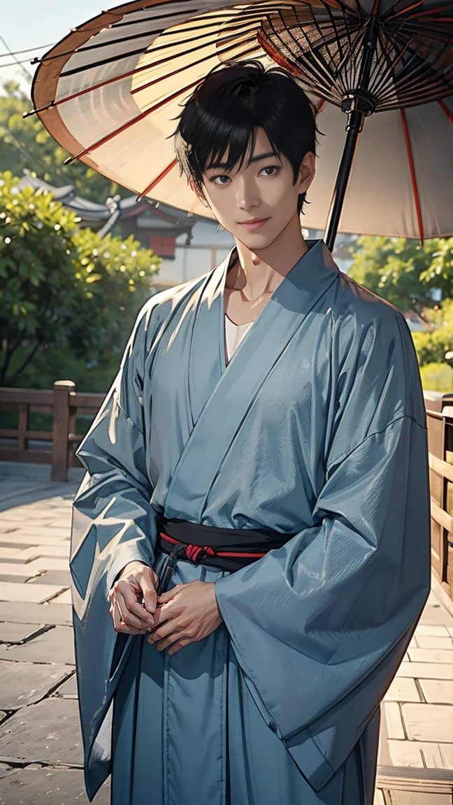 Japanese men、Black Hair、Short Hair、handsome man、30 years old、Handsome、Height: 180 cm、Wearing a gray yukata、Holding an ice lolly in his hand。Smiling and laughing、Two on the cheek、There are three drops of sweat、Eyes on the ice、Mouth open to eat ice cream、Draw the eyes delicately、Erase the umbrella in the background