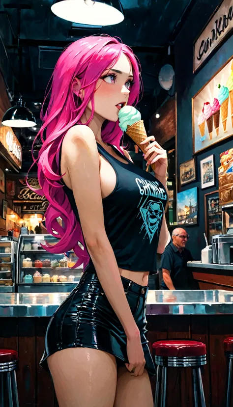 sexy girl, long pink hair, tight miniskirt, plain tank top, big nipples, holding an ice cream in an ice cream shop oil painting,...