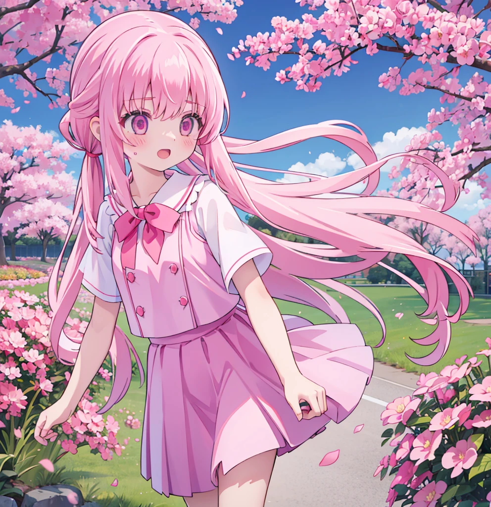 1girl solo pink hair, pink eyes with love, detailed eyes, straight hair, long hair, straight bangs, shiny hair,
,red bowtie,purple skirt,purple shirt,pleated skirt,short sleeves,looking at the bottom, laughter , open mouth, pink sakura trees and pink grass, in the middle of the sakura trees, walking around in the pink grass with pink flower petals on the ground high-definition,masterpiece, masterpiece, best quality, high resolution, aabeta, double, slim waist, cute, sailor uniform, sweet cute smile, open mouth smile (PastelColors: 1.3)