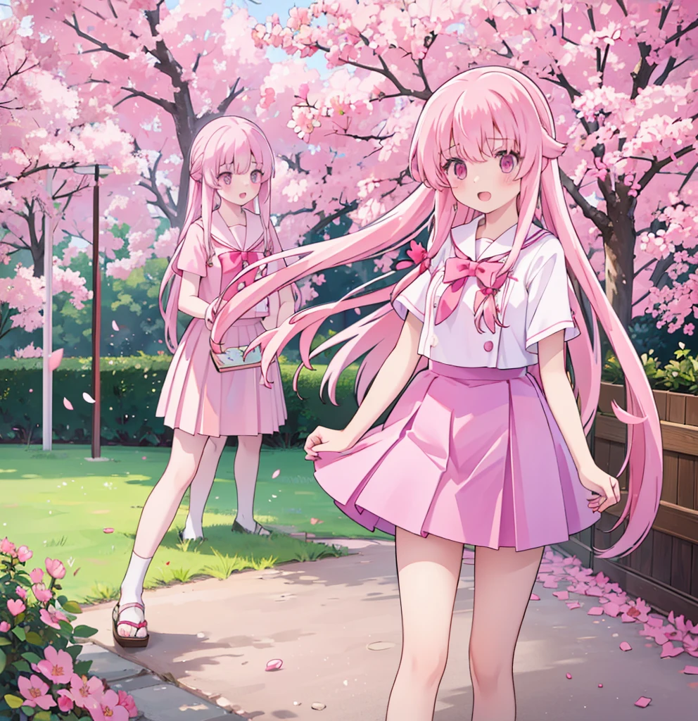 1girl solo pink hair, pink eyes with love, detailed eyes, straight hair, long hair, straight bangs, shiny hair,
,red bowtie,purple skirt,purple shirt,pleated skirt,short sleeves,looking at the bottom, laughter , open mouth, pink sakura trees and pink grass, in the middle of the sakura trees, walking around in the pink grass with pink flower petals on the ground high-definition,masterpiece, masterpiece, best quality, high resolution, aabeta, double, slim waist, cute, sailor uniform, sweet cute smile, open mouth smile (PastelColors: 1.3)