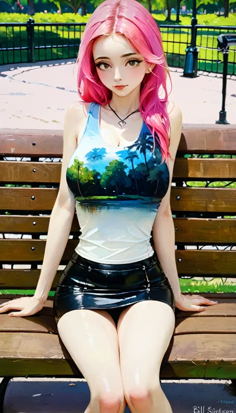 sexy girl, long pink hair, tight miniskirt, plain tank top, prominent nipples, sitting in sexy pose on a park bench (art inspire...