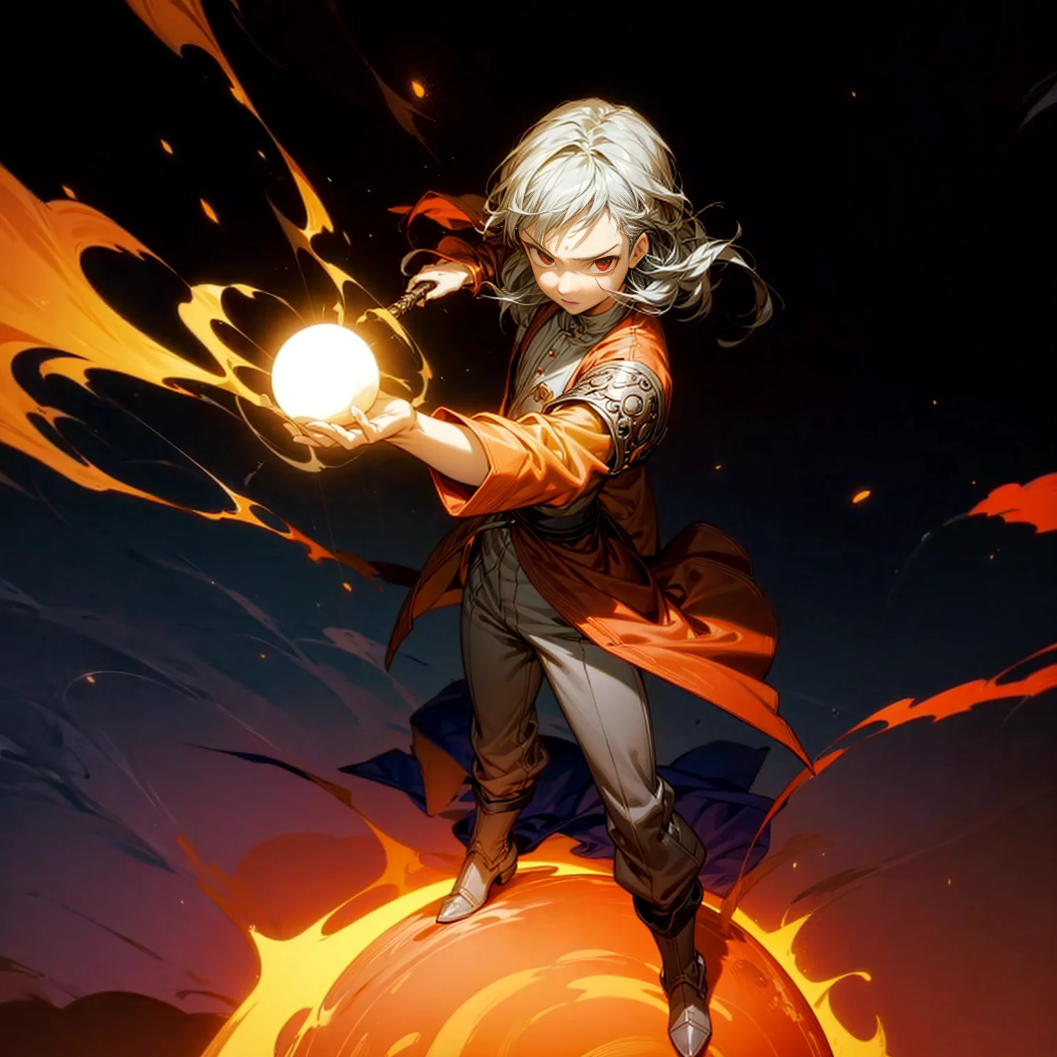 1boy, muscle, Full body version, 1character, red eyes, long haircut, silver colour hair, Ancient Roman clothing, Grassroots, full background in square Castleford, motion blur, lighting, (one piece art), standing gesture, boots, long pants, armors, big ball flame on hand, smoke effect, Fire effect on background, plasma effect, blood on face, high angle view 