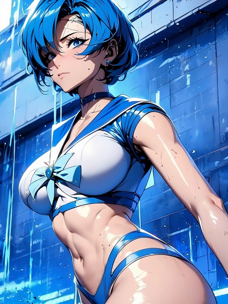 Marin Mercury en tenue de police complète,CHEVEUX LONGS BLEU,Power Ranger bleu, Ouragan ,Femme gothique sexy gros seins, feuille de personnage,à l’intérieur d’une piscine,haute résolution, gros seins, Cyber samouraï,
￼