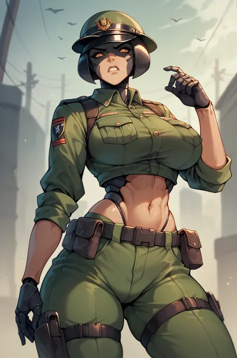 1girl, uniform, combat uniform, robot, heroine, confrontation scene, cool, big breasts, dark heroine, belly button exposed