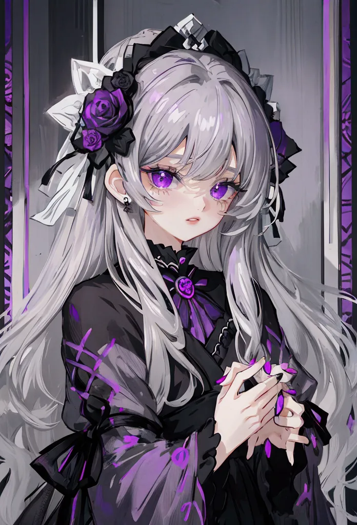 2 bentan,  light gray hair, black gradient, purple roses, terror, masterpiece 1.4, hinge