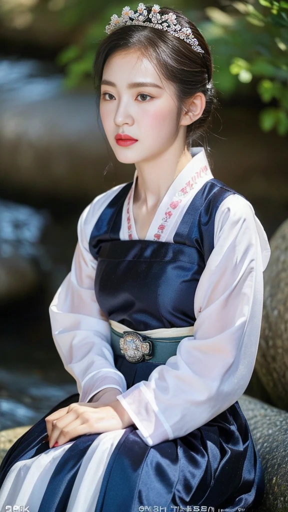 ((top quality, 8k, masterpiece: 1.3)),    beauty.   hidden face.     body slim thin seductive.  ((Queen's Mother. Korean royal empress)),     very detailed lips,     detailed eyes,     double eyelid,    face with makeup.    lipstick.     hair accessories,      hair bun.

((Wet hanbok)),

long legs_whole body.    sit down.     on the rocks.     at the edge of the waterfall