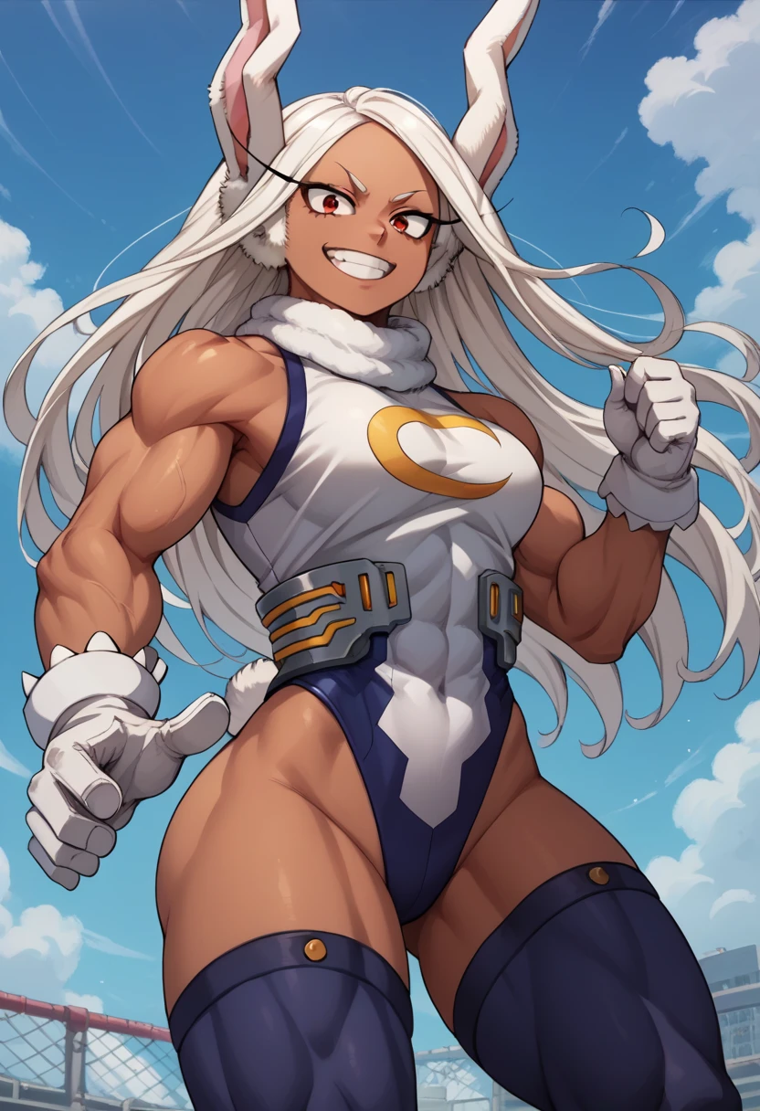 Score_9, score_8_up, score_7_up, source_anime, from below, solo, 1girl, rumi usagiyama, long hair, animal ears, white hair, dark skin, rabbit ears, dark-skinned female, muscular, rabbit girl, muscular female, red eyes, parted bangs,thighhighs, gloves, sleeveless, white gloves, leotard, turtleneck, highleg, highleg leotard, fur collar, sleeveless turtleneck, turtleneck leotard, sleeveless turtleneck leotard, crescent print,smile, dynamic pose 