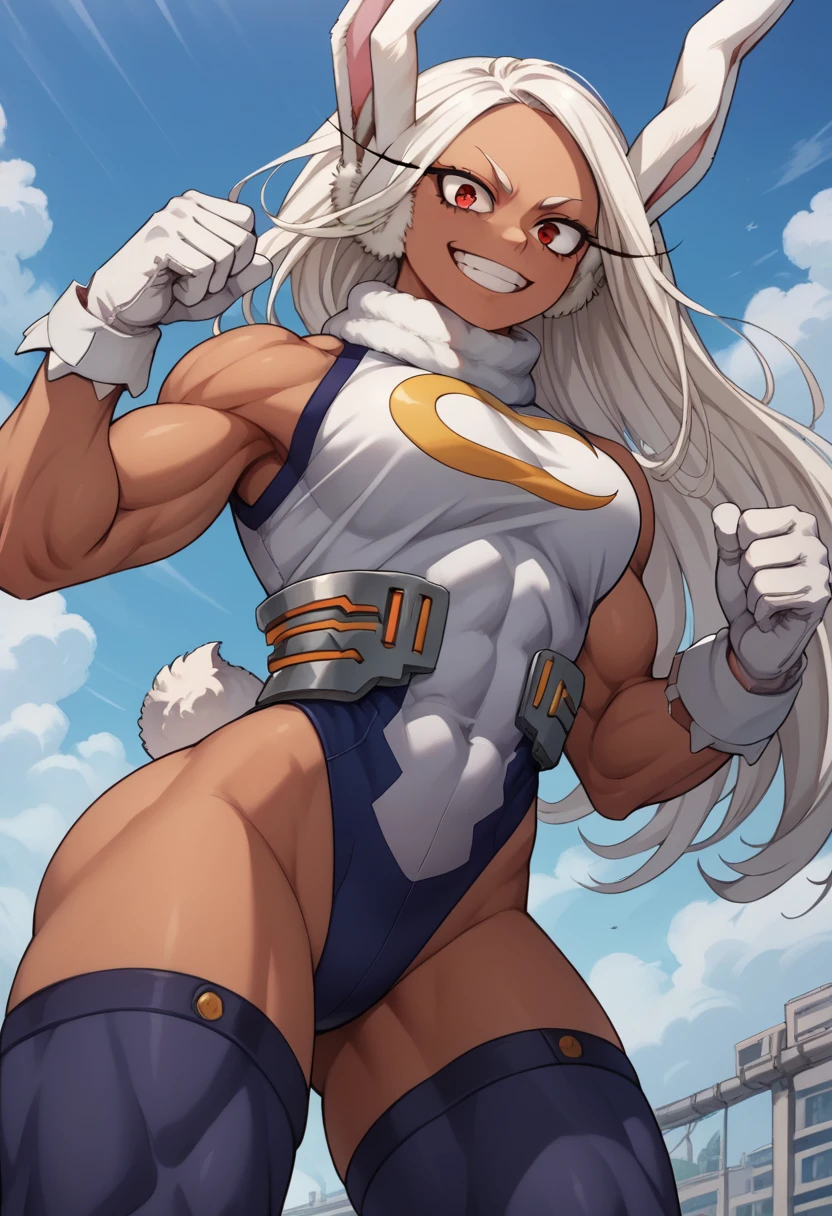 Score_9, score_8_up, score_7_up, source_anime, from below, solo, 1girl, rumi usagiyama, long hair, animal ears, white hair, dark skin, rabbit ears, dark-skinned female, muscular, rabbit girl, muscular female, red eyes, parted bangs,thighhighs, gloves, sleeveless, white gloves, leotard, turtleneck, highleg, highleg leotard, fur collar, sleeveless turtleneck, turtleneck leotard, sleeveless turtleneck leotard, crescent print,smile, dynamic pose 