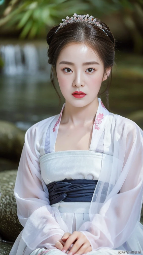 ((top quality, 8k, masterpiece: 1.3)),    beauty.   hidden face.     body slim thin seductive.  ((Queen's Mother. Korean royal empress)),     very detailed lips,     detailed eyes,     double eyelid,    face with makeup.    lipstick.     hair accessories,      hair bun.

((Wet hanbok)),

long legs_whole body.    sit down.     on the rocks.     at the edge of the waterfall