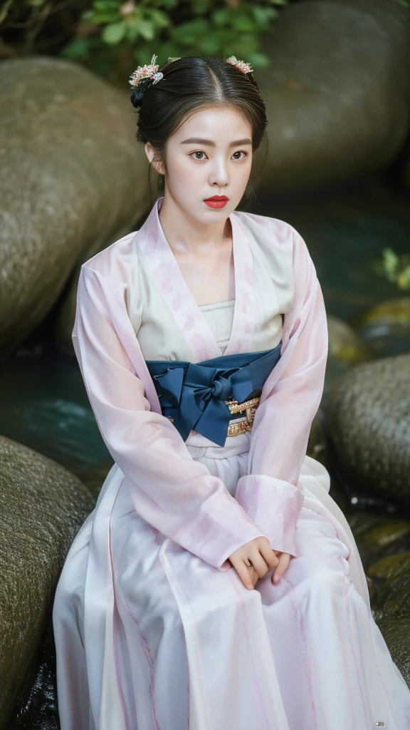 ((top quality, 8k, masterpiece: 1.3)),    beauty.   hidden face.     body slim thin seductive.  ((Queen's Mother. Korean royal empress)),     very detailed lips,     detailed eyes,     double eyelid,    face with makeup.    lipstick.     hair accessories,      hair bun.

((Wet hanbok)),

long legs_whole body.    sit down.     on the rocks.     at the edge of the waterfall