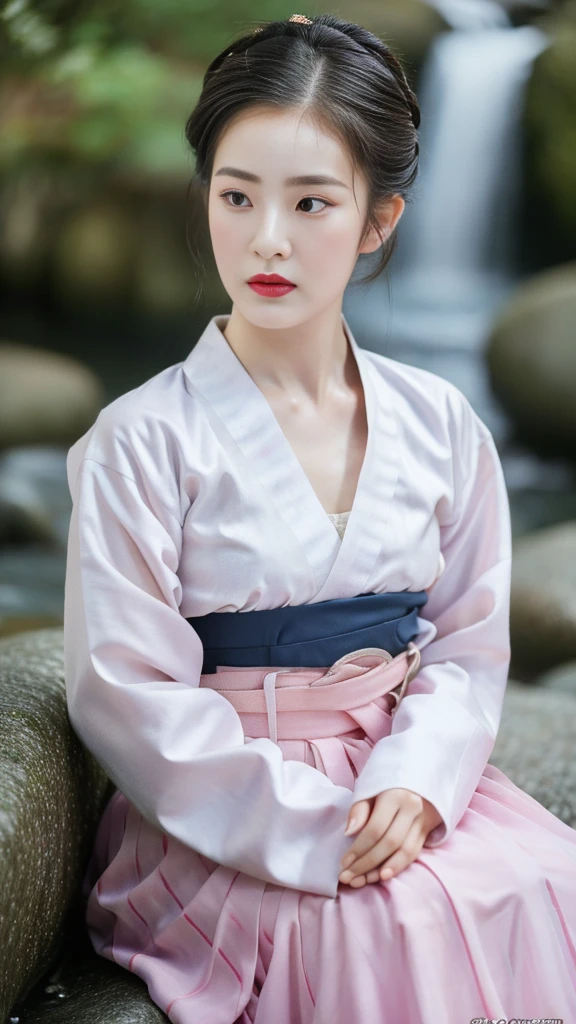 ((top quality, 8k, masterpiece: 1.3)),    beauty.   hidden face.     body slim thin seductive.  ((Queen's Mother. Korean royal empress)),     very detailed lips,     detailed eyes,     double eyelid,    face with makeup.    lipstick.     hair accessories,      hair bun.

((Wet hanbok)),

long legs_whole body.    sit down.     on the rocks.     at the edge of the waterfall