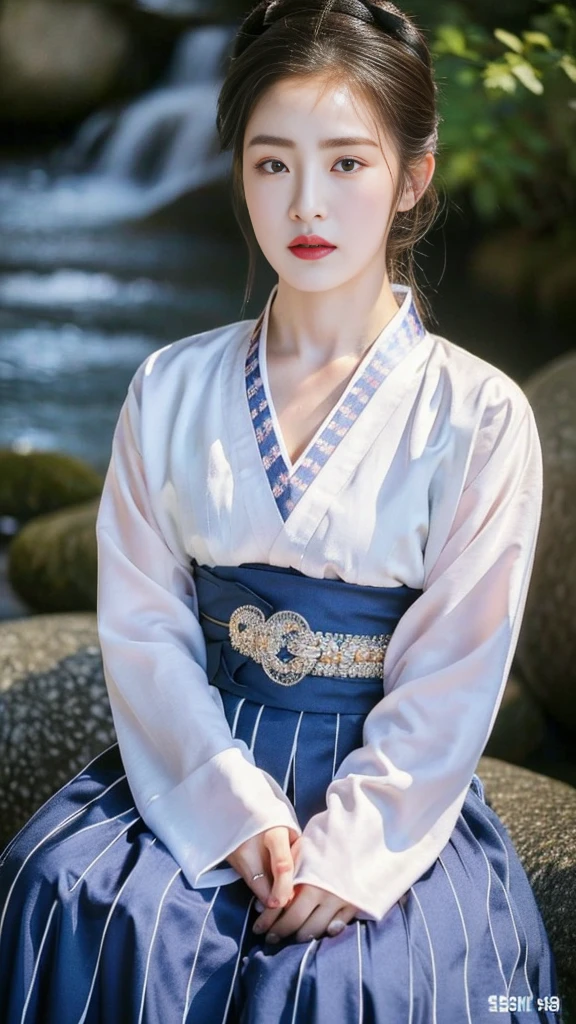 ((top quality, 8k, masterpiece: 1.3)),    beauty.   hidden face.     body slim thin seductive.  ((Queen's Mother. Korean royal empress)),     very detailed lips,     detailed eyes,     double eyelid,    face with makeup.    lipstick.     hair accessories,      hair bun.

((Wet hanbok)),

long legs_whole body.    sit down.     on the rocks.     at the edge of the waterfall