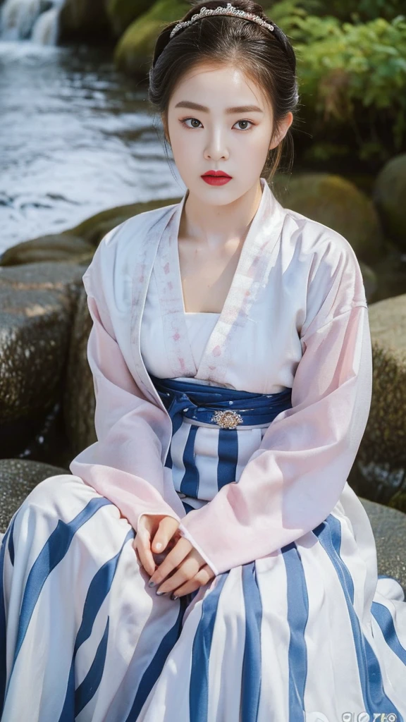 ((top quality, 8k, masterpiece: 1.3)),    beauty.   hidden face.     body slim thin seductive.  ((Queen's Mother. Korean royal empress)),     very detailed lips,     detailed eyes,     double eyelid,    face with makeup.    lipstick.     hair accessories,      hair bun.

((Wet hanbok)),

long legs_whole body.    sit down.     on the rocks.     at the edge of the waterfall