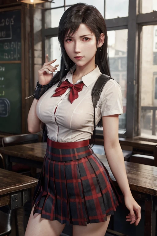 school girl uniform , steam , rain , plaid skirt , pleated skirt , The shirt is tight. , white shirt , school girl , red bow , red knot , highly detailed photo of Tifa Lockhart posing, final fantasy 7 remake, red eyes , big breasts , big tits