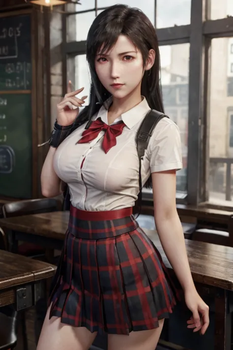 school girl uniform , steam , rain , plaid skirt , pleated skirt , the shirt is tight. , white shirt , school girl , red bow , r...