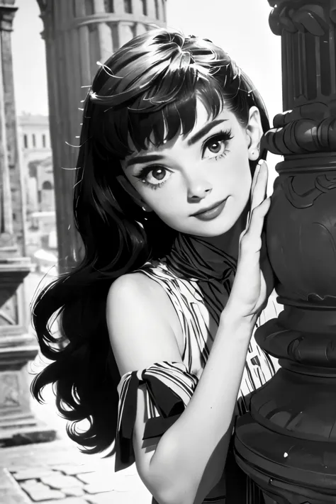 (masterpiece, highest quality:1.1), (popart style),grayscale，(one girl),cute face,tween,have a nice trip,(rome，romeの休日)，italy, b...