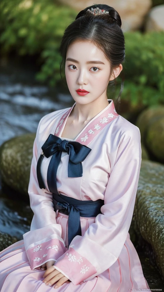 ((top quality, 8k, masterpiece: 1.3)),    beauty.   hidden face.     body slim thin seductive.  ((Queen's Mother. Korean royal empress)),     very detailed lips,     detailed eyes,     double eyelid,    face with makeup.    lipstick.     hair accessories,      hair bun.

((Wet hanbok)),

long legs_whole body.    sit down.     on the rocks.     at the edge of the waterfall