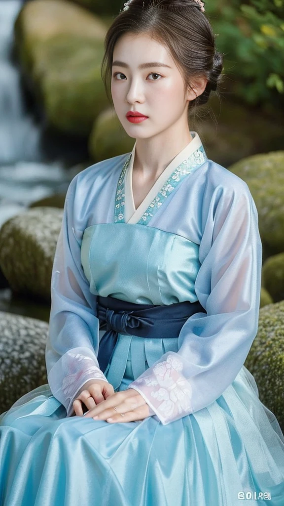 ((top quality, 8k, masterpiece: 1.3)),    beauty.   hidden face.     body slim thin seductive.  ((Queen's Mother. Korean royal empress)),     very detailed lips,     detailed eyes,     double eyelid,    face with makeup.    lipstick.     hair accessories,      hair bun.

((Wet hanbok)),

long legs_whole body.    sit down.     on the rocks.     at the edge of the waterfall