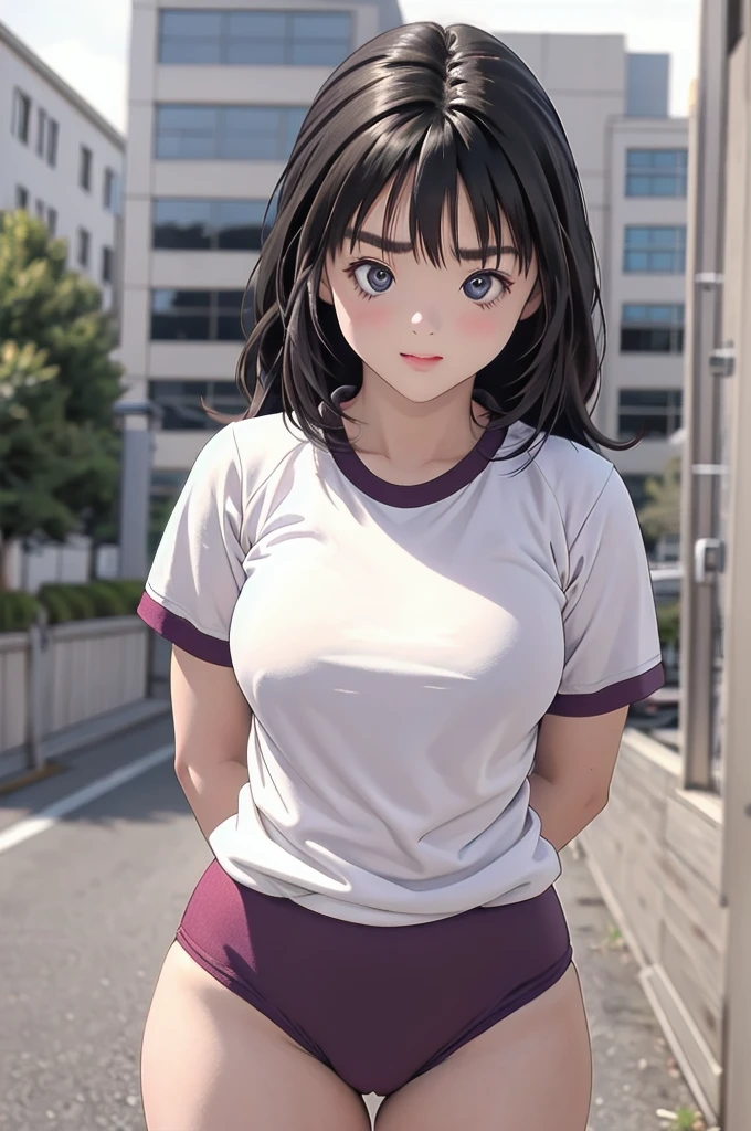 masterpiece, best quality, highres,Young and very cute17-year-old girl,Sexy pose,Unusually beautiful and large eyes,Thick eyelashes,Thick eyebrows,A well-balanced and toned body,yoshizuki_iori, buruma,gym uniform, standing, cowboy shot, outdoors,