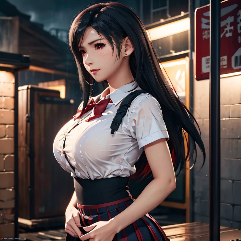 school girl uniform , steam , rain , plaid skirt , pleated skirt , The shirt is tight. , white shirt , school girl , red bow , red knot , highly detailed photo of Tifa Lockhart posing, final fantasy 7 remake, red eyes, intricate, highres, 8k, detailed hair