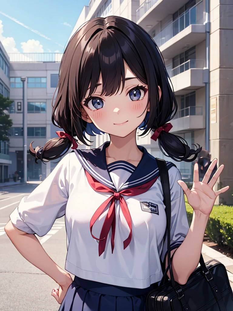 1girl, standing, (waving at the camera with left hand), (right hand on chest), (head tilt), smile, 15yo, 1girl, standing, gentle smile, 15yo, head tilt,
school building on the back,
4-story white school building, outdoor, tree on side, (low twintails girl), low pigtails, red ribbon on hair, very long black hair, white serafuku with blue ribbon, navy-blue collar, navy-blue skirt, (dark brown eye), 1 school bag on right shoulder, afternoon, summer, school, (from front:1.4), upper body, anime, high brightness, detailed face, detailed eyes, (high quality, ultra detailed, masterpiece, super detail, highres, anatomically correct, UDH), good hands, good fingers Japanese anime style, extremely cute, detailed fingers, digit