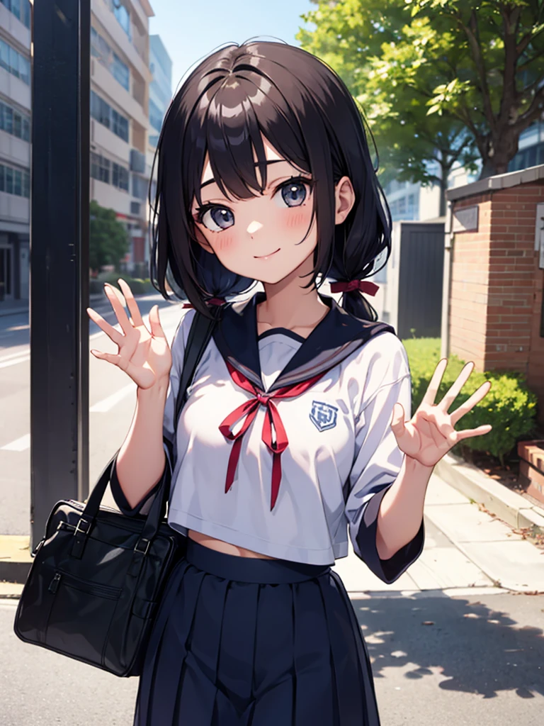 1girl, standing, (waving at the camera with left hand), (right hand on chest), (head tilt), smile, 15yo, 1girl, standing, gentle smile, 15yo, head tilt,
school building on the back,
4-story white school building, outdoor, tree on side, (low twintails girl), low pigtails, red ribbon on hair, very long black hair, white serafuku with blue ribbon, navy-blue collar, navy-blue skirt, (dark brown eye), 1 school bag on right shoulder, afternoon, summer, school, (from front:1.4), upper body, anime, high brightness, detailed face, detailed eyes, (high quality, ultra detailed, masterpiece, super detail, highres, anatomically correct, UDH), good hands, good fingers Japanese anime style, extremely cute, detailed fingers, digit